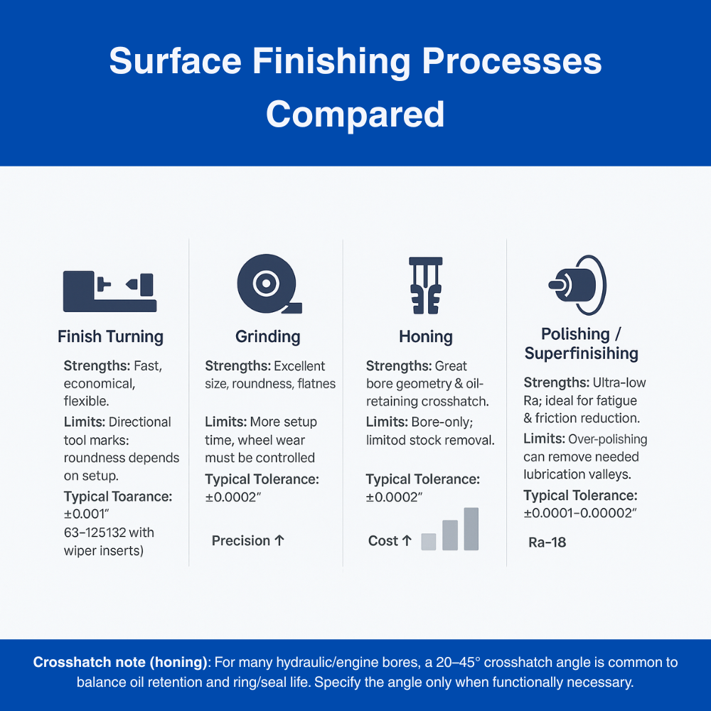 Engineering graphic showing differences between turning, grinding, honing, and polishing surface finishing processes.