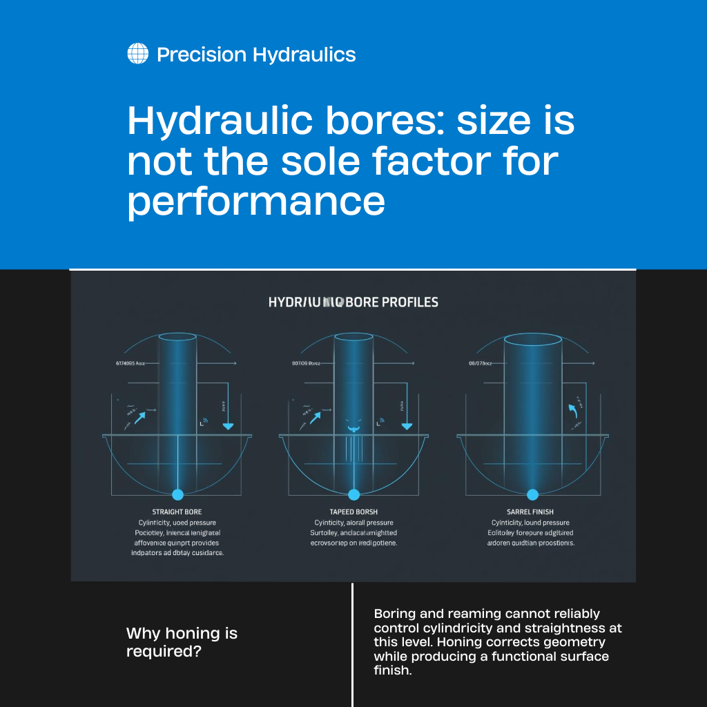 Comparison of hydraulic bore geometry showing straight, tapered, and barrel-shaped profiles affecting performance