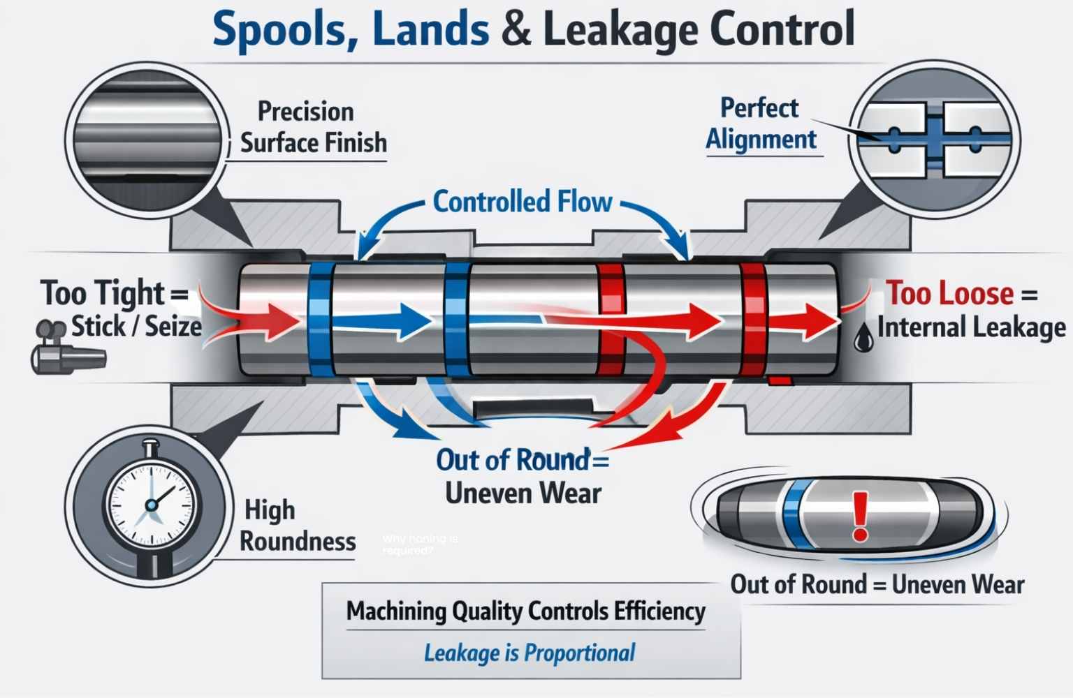 Hydraulic spool with precision-ground lands showing how clearance and roundness affect leakage control